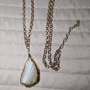 Gold Tone Agate Slice Pendant Necklace Layered Chain 5891